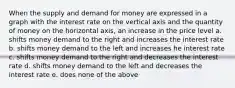 When the supply and demand for money are expressed in a graph with the interest rate on the vertical axis and the quantity of money on the horizontal axis, an increase in the price level a. shifts money demand to the right and increases the interest rate b. shifts money demand to the left and increases he interest rate c. shifts money demand to the right and decreases the interest rate d. shifts money demand to the left and decreases the interest rate e. does none of the above