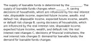 The supply of loanable funds is determined by the​ _________. The supply of loanable funds changes when​ _______. A. saving decisions of​ households, which are influenced by the real interest​ rate, disposable​ income, expected future​ income, wealth, and default​ risk; disposable​ income, expected future​ income, wealth, or default risk change B. saving decisions of​ households, which are influenced by the real interest​ rate, disposable​ income, expected future​ income, wealth, and default​ risk; the real interest rate changes C. decisions of financial​ institutions; the real interest rate changes D. demand for loanable​ funds; the demand for loanable funds changes