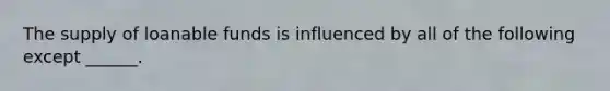 The supply of loanable funds is influenced by all of the following except ______.