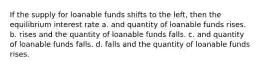 If the supply for loanable funds shifts to the left, then the equilibrium interest rate a. and quantity of loanable funds rises. b. rises and the quantity of loanable funds falls. c. and quantity of loanable funds falls. d. falls and the quantity of loanable funds rises.