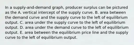 In a supply-and-demand graph, producer surplus can be pictured as the A. vertical intercept of the supply curve. B. area between the demand curve and the supply curve to the left of equilibrium output. C. area under the supply curve to the left of equilibrium output. D. area under the demand curve to the left of equilibrium output. E. area between the equilibrium price line and the supply curve to the left of equilibrium output.