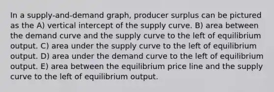 In a supply-and-demand graph, producer surplus can be pictured as the A) vertical intercept of the supply curve. B) area between the demand curve and the supply curve to the left of equilibrium output. C) area under the supply curve to the left of equilibrium output. D) area under the demand curve to the left of equilibrium output. E) area between the equilibrium price line and the supply curve to the left of equilibrium output.