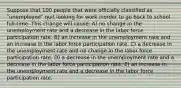 Suppose that 100 people that were officially classified as ʺunemployedʺ quit looking for work inorder to go back to school full-time. This change will cause: A) no change in the unemployment rate and a decrease in the labor force participation rate. B) an increase in the unemployment rate and an increase in the labor force participation rate. C) a decrease in the unemployment rate and no change in the labor force participation rate. D) a decrease in the unemployment rate and a decrease in the labor force participation rate. E) an increase in the unemployment rate and a decrease in the labor force participation rate.