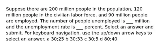 Suppose there are 200 million people in the population, 120 million people in the civilian labor force, and 90 million people are employed. The number of people unemployed is ___ million and the <a href='https://www.questionai.com/knowledge/kh7PJ5HsOk-unemployment-rate' class='anchor-knowledge'>unemployment rate</a> is ___ percent. Select an answer and submit. For keyboard navigation, use the up/down arrow keys to select an answer. a 30;25 b 30;33 c 30;5 d 80;40