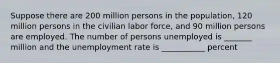 Suppose there are 200 million persons in the population, 120 million persons in the civilian labor force, and 90 million persons are employed. The number of persons unemployed is _______ million and the unemployment rate is ___________ percent