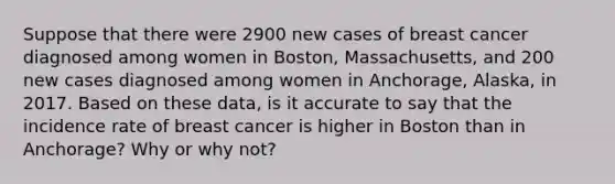 Suppose that there were 2900 new cases of breast cancer diagnosed among women in Boston, Massachusetts, and 200 new cases diagnosed among women in Anchorage, Alaska, in 2017. Based on these data, is it accurate to say that the incidence rate of breast cancer is higher in Boston than in Anchorage? Why or why not?