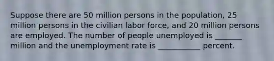 Suppose there are 50 million persons in the population, 25 million persons in the civilian labor force, and 20 million persons are employed. The number of people unemployed is _______ million and the unemployment rate is ___________ percent.