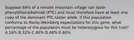 Suppose 64% of a remote mountain village can taste phenylthiocarbamide (PTC) and must therefore have at least one copy of the dominant PTC taster allele. If this population conforms to Hardy-Weinberg expectations for this gene, what percentage of the population must be heterozygous for this trait? A.16% B.32% C.40% D.48% E.60%