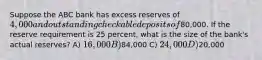 Suppose the ABC bank has excess reserves of 4,000 and outstanding checkable deposits of80,000. If the reserve requirement is 25 percent, what is the size of the bank's actual reserves? A) 16,000 B)84,000 C) 24,000 D)20,000