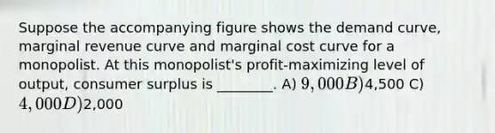 Suppose the accompanying figure shows the demand curve, marginal revenue curve and marginal cost curve for a monopolist. At this monopolist's profit-maximizing level of output, consumer surplus is ________. A) 9,000 B)4,500 C) 4,000 D)2,000