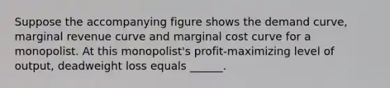 Suppose the accompanying figure shows the demand curve, marginal revenue curve and marginal cost curve for a monopolist. At this monopolist's profit-maximizing level of output, deadweight loss equals ______.