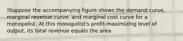 )Suppose the accompanying figure shows the demand curve, marginal revenue curve, and marginal cost curve for a monopolist. At this monopolist's profit-maximizing level of output, its total revenue equals the area