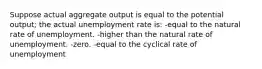 Suppose actual aggregate output is equal to the potential output; the actual unemployment rate is: -equal to the natural rate of unemployment. -higher than the natural rate of unemployment. -zero. -equal to the cyclical rate of unemployment