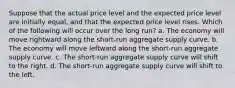 Suppose that the actual price level and the expected price level are initially equal, and that the expected price level rises. Which of the following will occur over the long run? a. The economy will move rightward along the short-run aggregate supply curve. b. The economy will move leftward along the short-run aggregate supply curve. c. The short-run aggregate supply curve will shift to the right. d. The short-run aggregate supply curve will shift to the left.