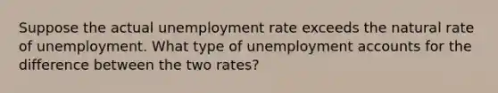 Suppose the actual unemployment rate exceeds the natural rate of unemployment. What type of unemployment accounts for the difference between the two rates?