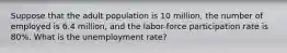 Suppose that the adult population is 10 million, the number of employed is 6.4 million, and the labor-force participation rate is 80%. What is the unemployment rate?