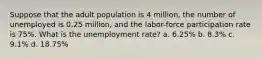 Suppose that the adult population is 4 million, the number of unemployed is 0.25 million, and the labor-force participation rate is 75%. What is the unemployment rate? a. 6.25% b. 8.3% c. 9.1% d. 18.75%