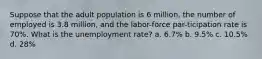 Suppose that the adult population is 6 million, the number of employed is 3.8 million, and the labor-force par-ticipation rate is 70%. What is the unemployment rate? a. 6.7% b. 9.5% c. 10.5% d. 28%