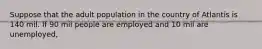 Suppose that the adult population in the country of Atlantis is 140 mil. If 90 mil people are employed and 10 mil are unemployed,