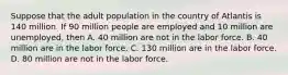 Suppose that the adult population in the country of Atlantis is 140 million. If 90 million people are employed and 10 million are unemployed, then A. 40 million are not in the labor force. B. 40 million are in the labor force. C. 130 million are in the labor force. D. 80 million are not in the labor force.