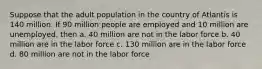 Suppose that the adult population in the country of Atlantis is 140 million. If 90 million people are employed and 10 million are unemployed, then a. 40 million are not in the labor force b. 40 million are in the labor force c. 130 million are in the labor force d. 80 million are not in the labor force