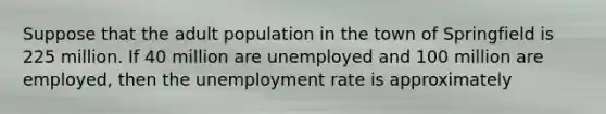 Suppose that the adult population in the town of Springfield is 225 million. If 40 million are unemployed and 100 million are employed, then the unemployment rate is approximately