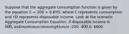 Suppose that the aggregate consumption function is given by the equation C = 200 + 0.8YD, where C represents consumption and YD represents disposable income. Look at the scenario Aggregate Consumption Equation. If disposable income is 500, autonomous consumption is:200. 400.0. 600.