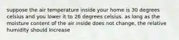 suppose the air temperature inside your home is 30 degrees celsius and you lower it to 26 degrees celsius. as long as the moisture content of the air inside does not change, the relative humidity should increase