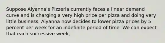 Suppose Aiyanna's Pizzeria currently faces a linear demand curve and is charging a very high price per pizza and doing very little business. Aiyanna now decides to lower pizza prices by 5 percent per week for an indefinite period of time. We can expect that each successive week,