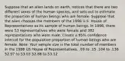 Suppose that an alien lands on earth, notices that there are two different sexes of the human species, and sets out to estimate the proportion of human beings who are female. Suppose that the alien chooses the members of the 1998 U.S. House of Representatives as its sample of human beings. In 1998, there were 53 representatives who were female and 382 representatives who were male. Create a 95% confidence interval for the population proportion of human beings who are female. Note: Your sample size is the total number of members in the 1998 US House of Representatives. .09 to .15 .104 to .136 52.97 to 53.03 52.88 to 53.12