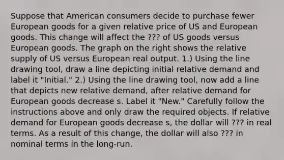 Suppose that American consumers decide to purchase fewer European goods for a given relative price of US and European goods. This change will affect the ??? of US goods versus European goods. The graph on the right shows the relative supply of US versus European real output. ​1.) Using the line drawing tool​, draw a line depicting initial relative demand and label it​ "Initial." ​2.) Using the line drawing tool​, now add a line that depicts new relative​ demand, after relative demand for European goods decrease s. Label it​ "New." Carefully follow the instructions above and only draw the required objects. If relative demand for European goods decrease ​s, the dollar will ??? in real terms. As a result of this​ change, the dollar will also ??? in nominal terms in the​ long-run.