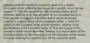 Suppose that the American economy goes into a severe recession. Under a flexible exchange rate system, what can we expect? a. That the demand for the Canadian dollar would increase, leading to an appreciation of the Canadian dollar. b. That the demand for the Canadian dollar would decrease, leading to a depreciation of the Canadian dollar. c. That the supply of the Canadian dollar would increase, leading to an appreciation of the Canadian dollar. d. That the supply of the Canadian dollar would decrease, leading to a depreciation of the Canadian dollar. e. That the supply of the Canadian dollar would increase, leading to a depreciation of the Canadian dollar.