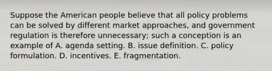 Suppose the American people believe that all policy problems can be solved by different market approaches, and government regulation is therefore unnecessary; such a conception is an example of A. agenda setting. B. issue definition. C. policy formulation. D. incentives. E. fragmentation.