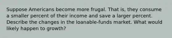 Suppose Americans become more frugal. That is, they consume a smaller percent of their income and save a larger percent. Describe the changes in the loanable-funds market. What would likely happen to growth?