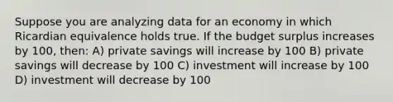 Suppose you are analyzing data for an economy in which Ricardian equivalence holds true. If the budget surplus increases by 100, then: A) private savings will increase by 100 B) private savings will decrease by 100 C) investment will increase by 100 D) investment will decrease by 100