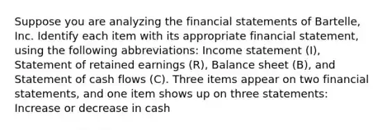 Suppose you are analyzing the financial statements of Bartelle​, Inc. Identify each item with its appropriate financial​ statement, using the following​ abbreviations: Income statement​ (I), Statement of retained earnings​ (R), Balance sheet​ (B), and Statement of cash flows​ (C). Three items appear on two financial​ statements, and one item shows up on three statements: Increase or decrease in cash