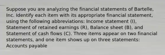 Suppose you are analyzing the financial statements of Bartelle​, Inc. Identify each item with its appropriate financial​ statement, using the following​ abbreviations: Income statement​ (I), Statement of retained earnings​ (R), Balance sheet​ (B), and Statement of cash flows​ (C). Three items appear on two financial​ statements, and one item shows up on three statements: Accounts payable