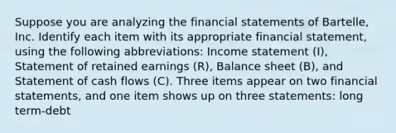 Suppose you are analyzing the financial statements of Bartelle​, Inc. Identify each item with its appropriate financial​ statement, using the following​ abbreviations: Income statement​ (I), Statement of retained earnings​ (R), Balance sheet​ (B), and Statement of cash flows​ (C). Three items appear on two financial​ statements, and one item shows up on three statements: long term-debt