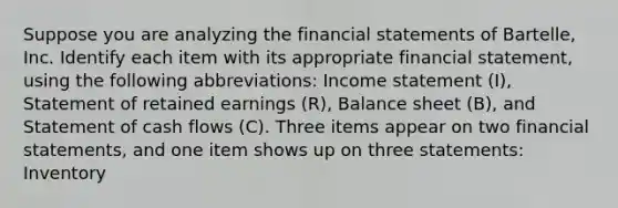 Suppose you are analyzing the financial statements of Bartelle​, Inc. Identify each item with its appropriate financial​ statement, using the following​ abbreviations: Income statement​ (I), Statement of retained earnings​ (R), Balance sheet​ (B), and Statement of cash flows​ (C). Three items appear on two financial​ statements, and one item shows up on three statements: Inventory