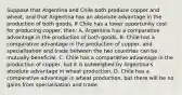 Suppose that Argentina and Chile both produce copper and wheat, and that Argentina has an absolute advantage in the production of both goods. If Chile has a lower opportunity cost for producing copper, then: A. Argentina has a comparative advantage in the production of both goods. B. Chile has a comparative advantage in the production of copper, and specialisation and trade between the two countries can be mutually beneficial. C. Chile has a comparative advantage in the production of copper, but it is outweighed by Argentina's absolute advantage in wheat production. D. Chile has a comparative advantage in wheat production, but there will be no gains from specialisation and trade.