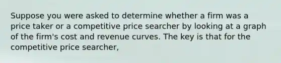 Suppose you were asked to determine whether a firm was a price taker or a competitive price searcher by looking at a graph of the firm's cost and revenue curves. The key is that for the competitive price searcher,