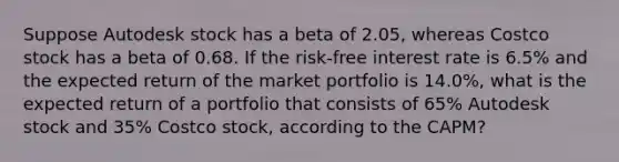 Suppose Autodesk stock has a beta of 2.05​, whereas Costco stock has a beta of 0.68. If the​ risk-free interest rate is 6.5% and the expected return of the market portfolio is 14.0%​, what is the expected return of a portfolio that consists of 65% Autodesk stock and 35% Costco​ stock, according to the​ CAPM?