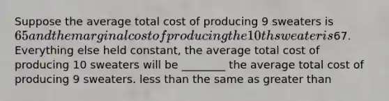 Suppose the average total cost of producing 9 sweaters is 65 and the marginal cost of producing the 10th sweater is67. Everything else held constant, the average total cost of producing 10 sweaters will be ________ the average total cost of producing 9 sweaters. less than the same as greater than