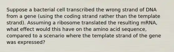 Suppose a bacterial cell transcribed the wrong strand of DNA from a gene (using the coding strand rather than the template strand). Assuming a ribosome translated the resulting mRNA, what effect would this have on the amino acid sequence, compared to a scenario where the template strand of the gene was expressed?