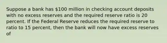 Suppose a bank has 100 million in checking account deposits with no excess reserves and the required reserve ratio is 20 percent. If the Federal Reserve reduces the required reserve to ratio to 15 percent, then the bank will now have excess reserves of