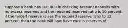 suppose a bank has 100,000 in checking account deposits with no excess reserves and the required reserved ratio is 10 percent. if the ferderl reserve raises the required reserve ratio to 12 percent, then the bank will now have excess reserves of