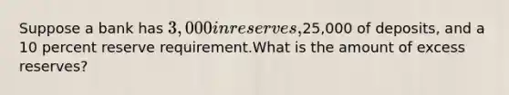 Suppose a bank has 3,000 in reserves,25,000 of deposits, and a 10 percent reserve requirement.What is the amount of excess reserves?