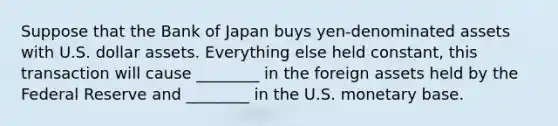 Suppose that the Bank of Japan buys yen-denominated assets with U.S. dollar assets. Everything else held constant, this transaction will cause ________ in the foreign assets held by the Federal Reserve and ________ in the U.S. monetary base.