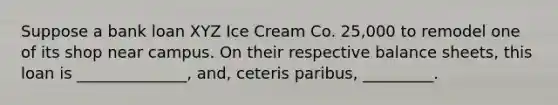 Suppose a bank loan XYZ Ice Cream Co. 25,000 to remodel one of its shop near campus. On their respective balance sheets, this loan is ______________, and, ceteris paribus, _________.