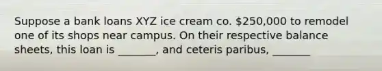 Suppose a bank loans XYZ ice cream co. 250,000 to remodel one of its shops near campus. On their respective balance sheets, this loan is _______, and ceteris paribus, _______